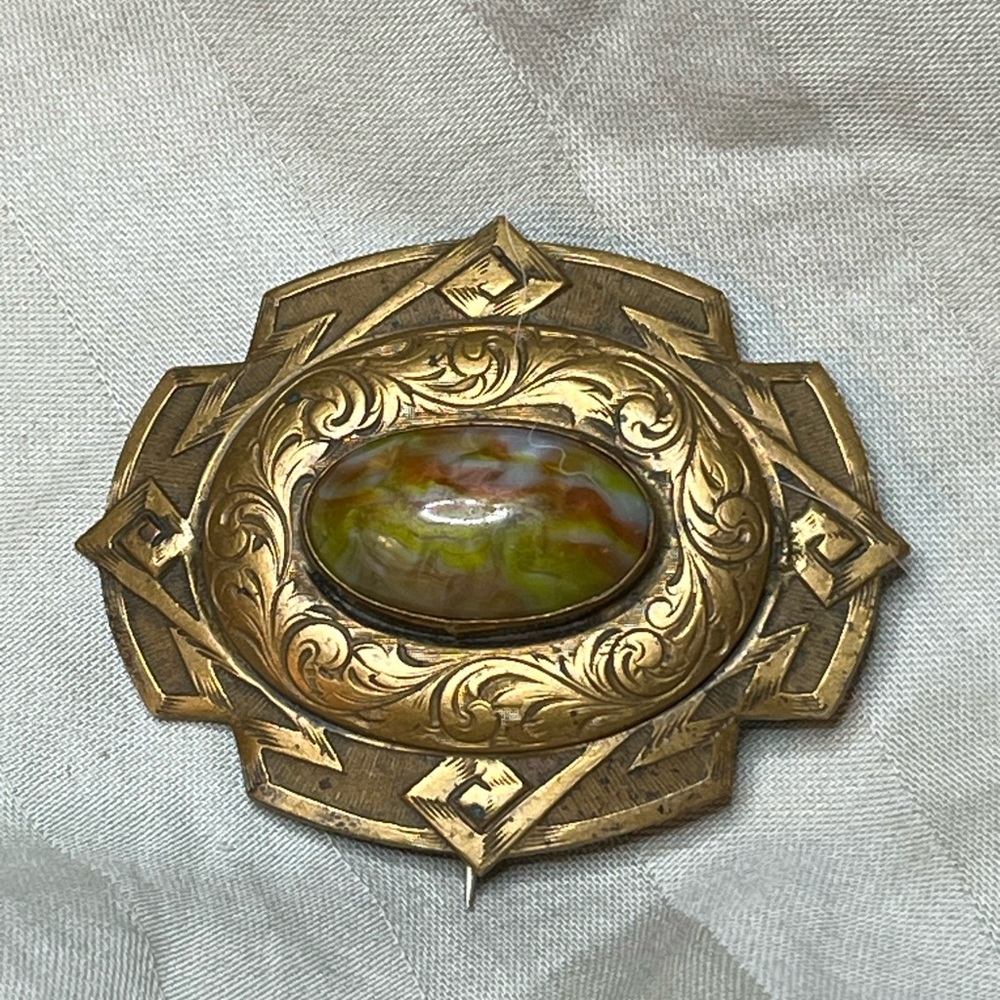 Brass and Glass Cabochon Brooch